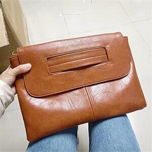 Women Handbags Brown Vegan Leather Clutch Handbag Messenger Bag Large Solid High
